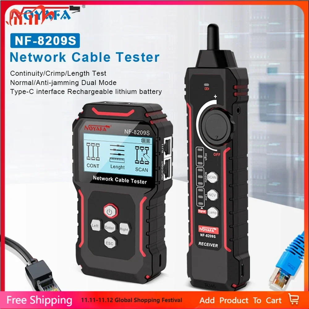 NOYAFA NF-8209S Localizzatore di cavi di rete Lan Tester di misurazione Strumenti di rete Display LCD Misura lunghezza Wiremap Tester Localizzatore di cavi