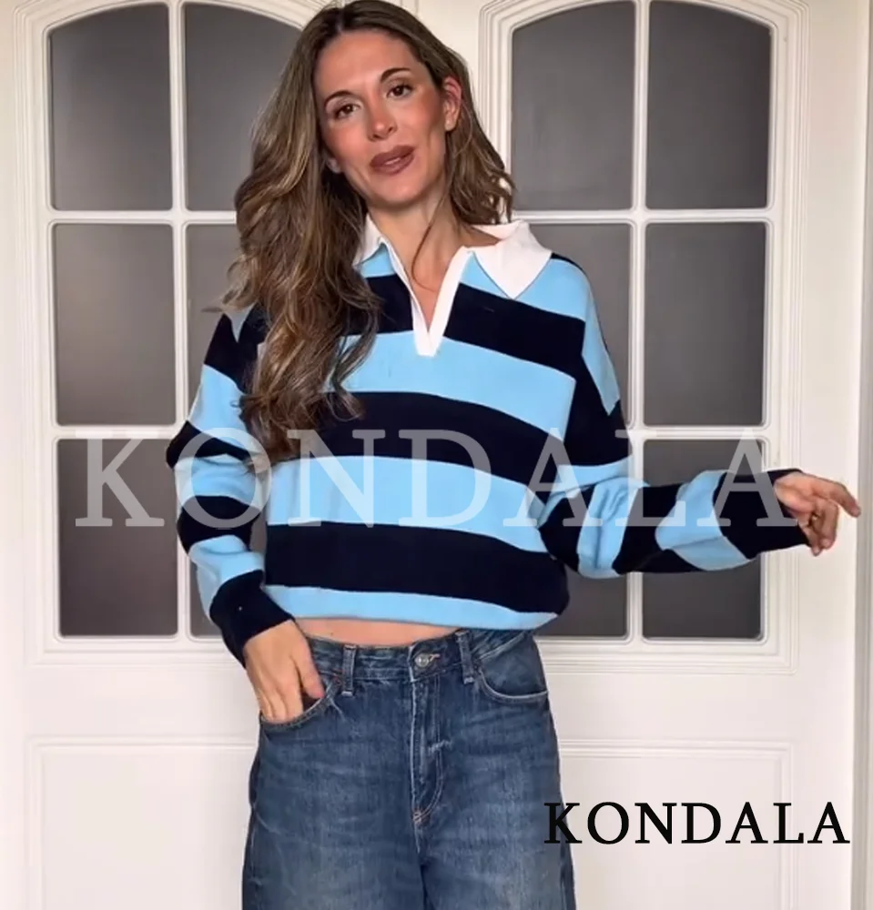 KONDALA Trendiger High-Street Gestreifter Pullover Damen Schicker Lässiger V-Ausschnitt Strickoberteil Neu 2026 Frühling Mode Freizeit Urlaubspullover