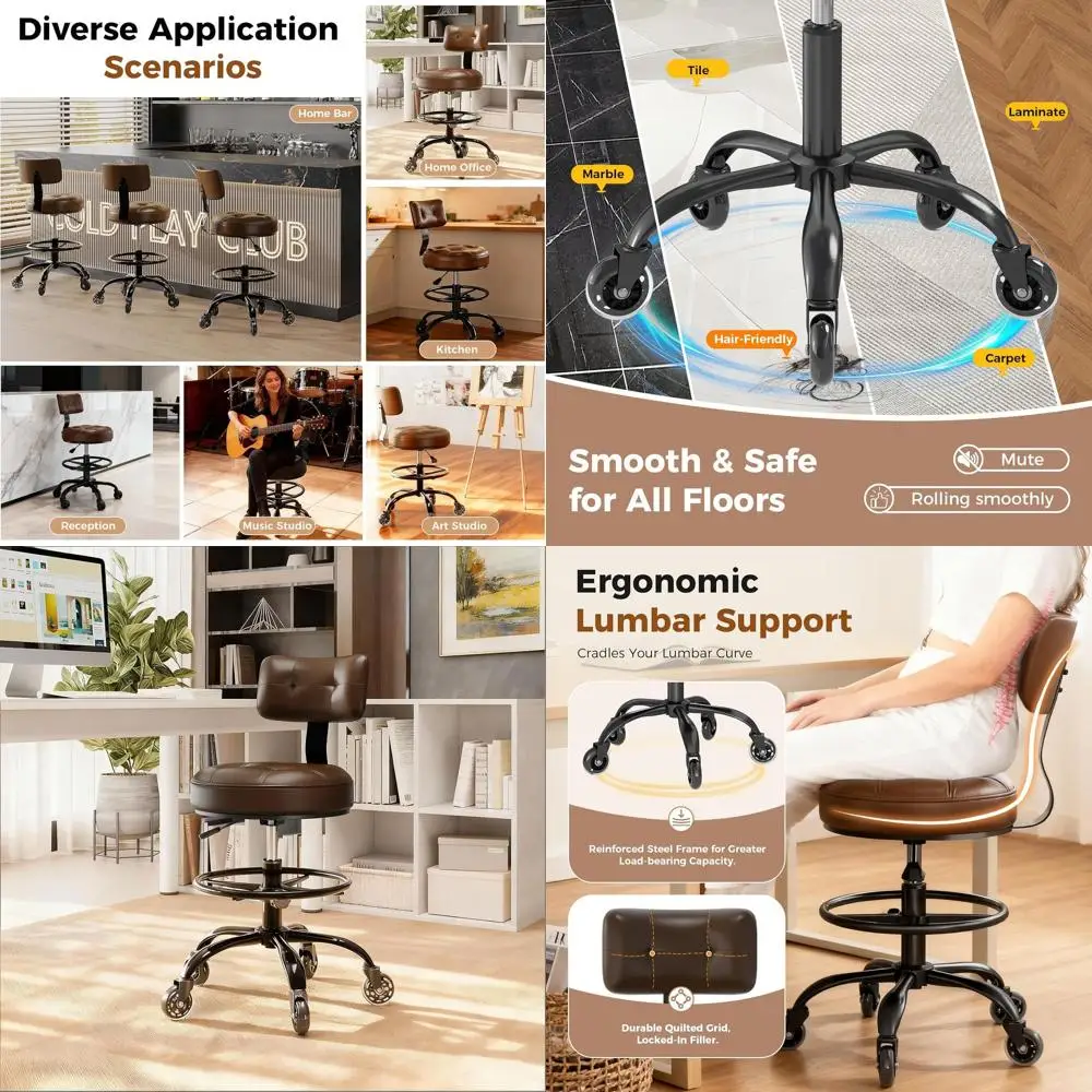 

Эргономичный поворотный стул со спинкой, высокое регулируемое сиденье для офиса, дома, кухни, бара, магазина, студии и медицинских учреждений (коричневый)