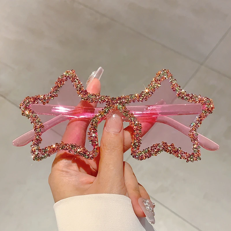 KAMMPT Chic Stars Design różowe odcienie damskie Rhinestone błyszczące trendy Decor okulary przeciwsłoneczne nowe Ins marka wakacyjne okulary przeciwsłoneczne na plażę