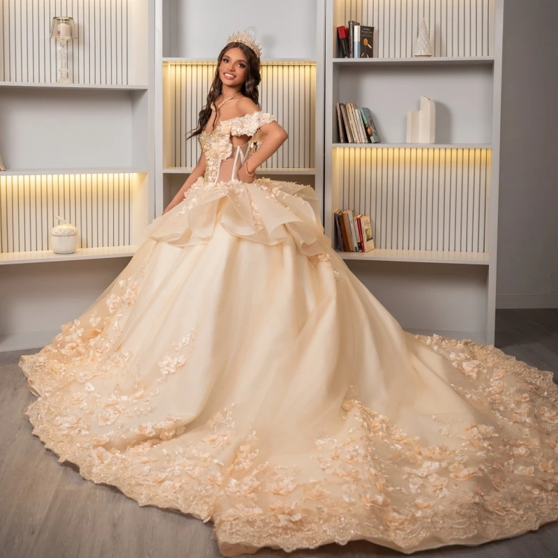 

Champagne Quinceanera Dresses Ball Gown Off The Shoulder Applique Flower Beading Crystal Tull Party Birthday Sweet 16 Dress
