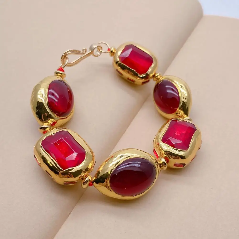 

Браслет YYGEM с красным драгоценным камнем прямоугольной и овальной формы, браслет из бисера с позолоченной кромкой