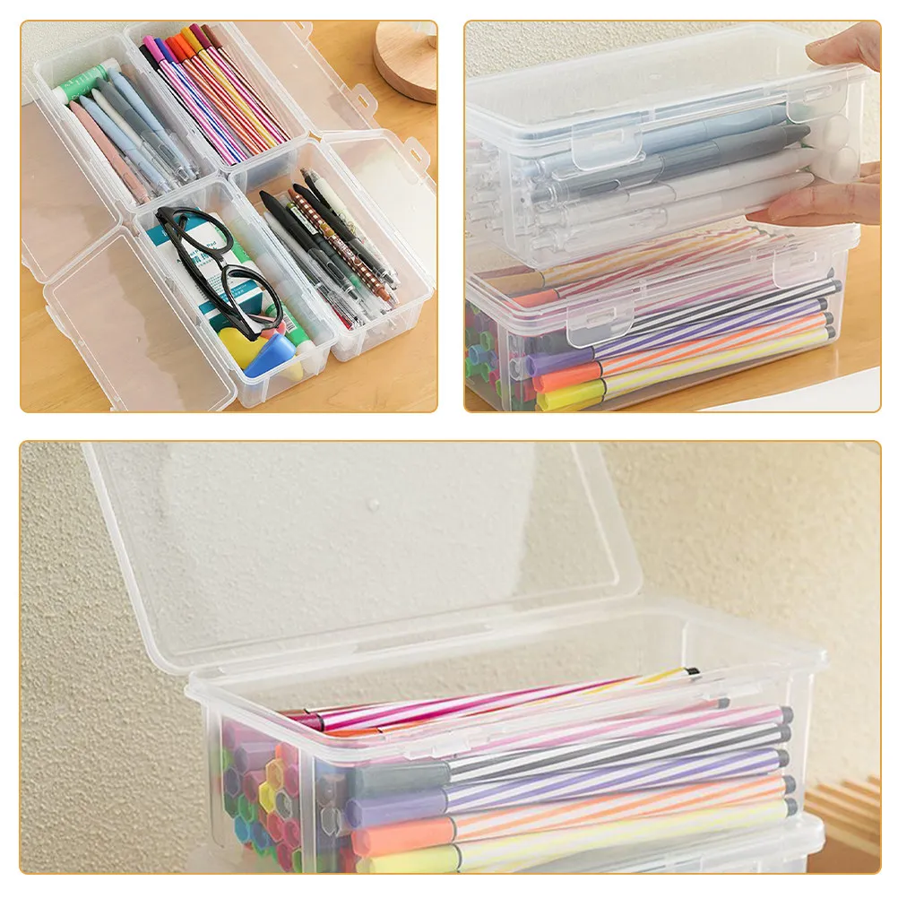 4Pcs Clear Pencil Boxes Large Capacity Stackable Snap Closure Plastic Stationery Cases School Office Organizer