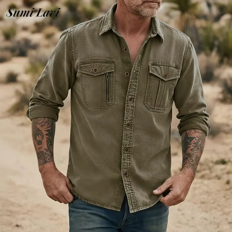 

Stylish Mens Button-up Lapel Cargo Shirts 2026 Spring Casual Solid Color Long Sleeve Linen Shirt Tops Men Vintage Loose Shirts
