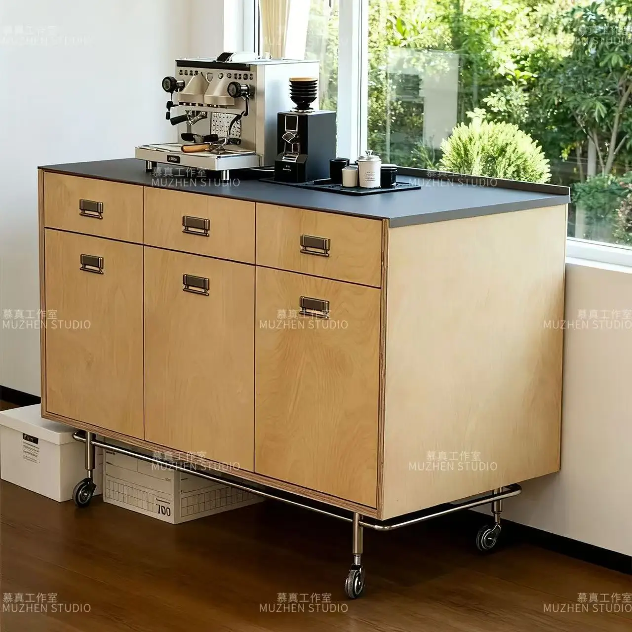 Mobile stainless steel chest half wall coffee machine locker console locker marine plate wheeled side cabinet
