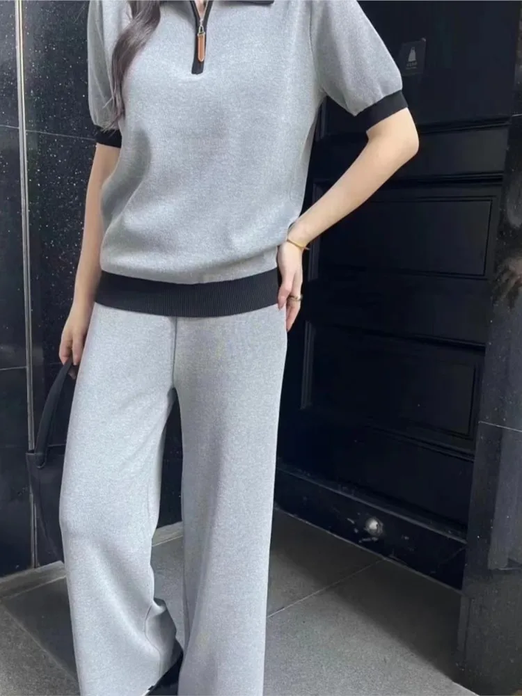 Knitted Summer 2 Two Piece Set Women Short Sleeve Casual Korean Style Ladies Blouses High Waist Modis Loose Woman Wide Leg Pants