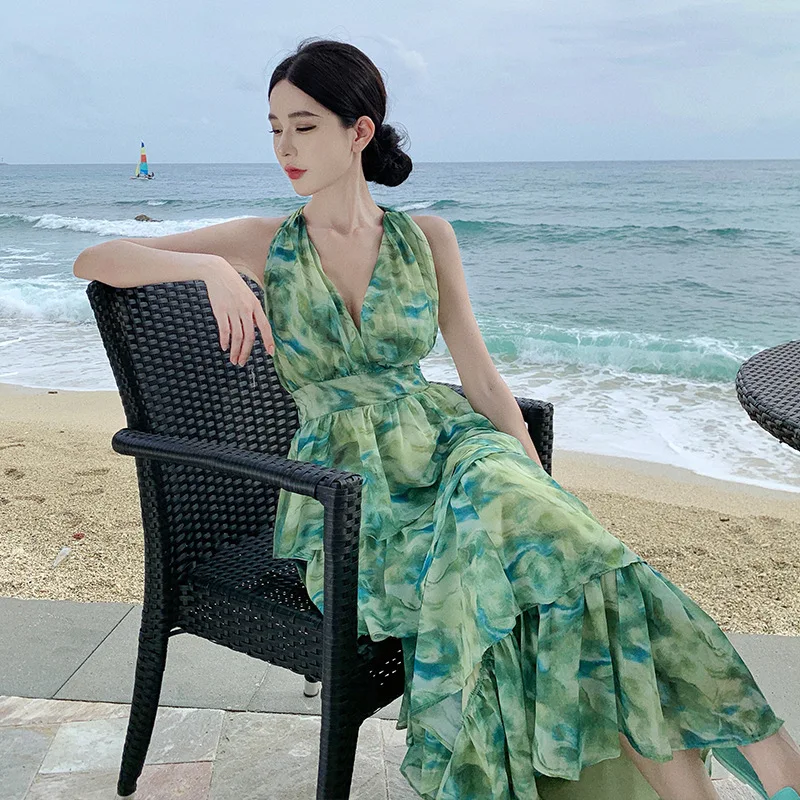 French Style Tie Dye Green Halter Dress Summer Dresses for Beach Vacation