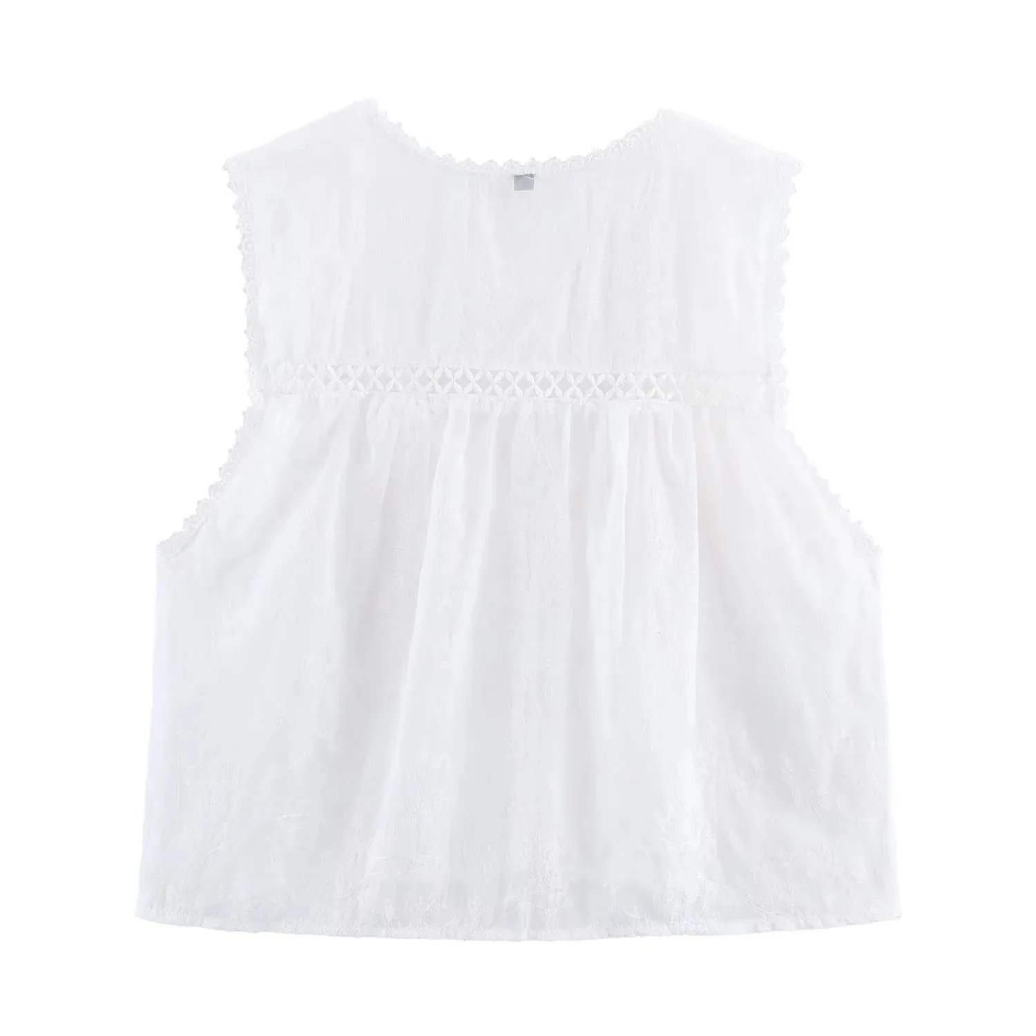 Womens New Fashion Lace Embroidery Decoration Casual V Neck Button Shirt Vintage Sleeveless Blouse Chic Tops