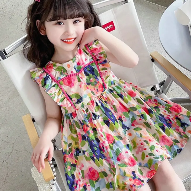 Girls' Floral Flutter Sleeve Dress Princess Dress25Summer New Foreign Trade Children's Wear Delivery3-8Years Old