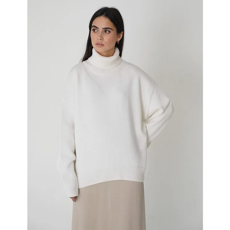 High neck sweater for women 2024 and American autumn and winter loose sweater, classic and versatile solid color pullov