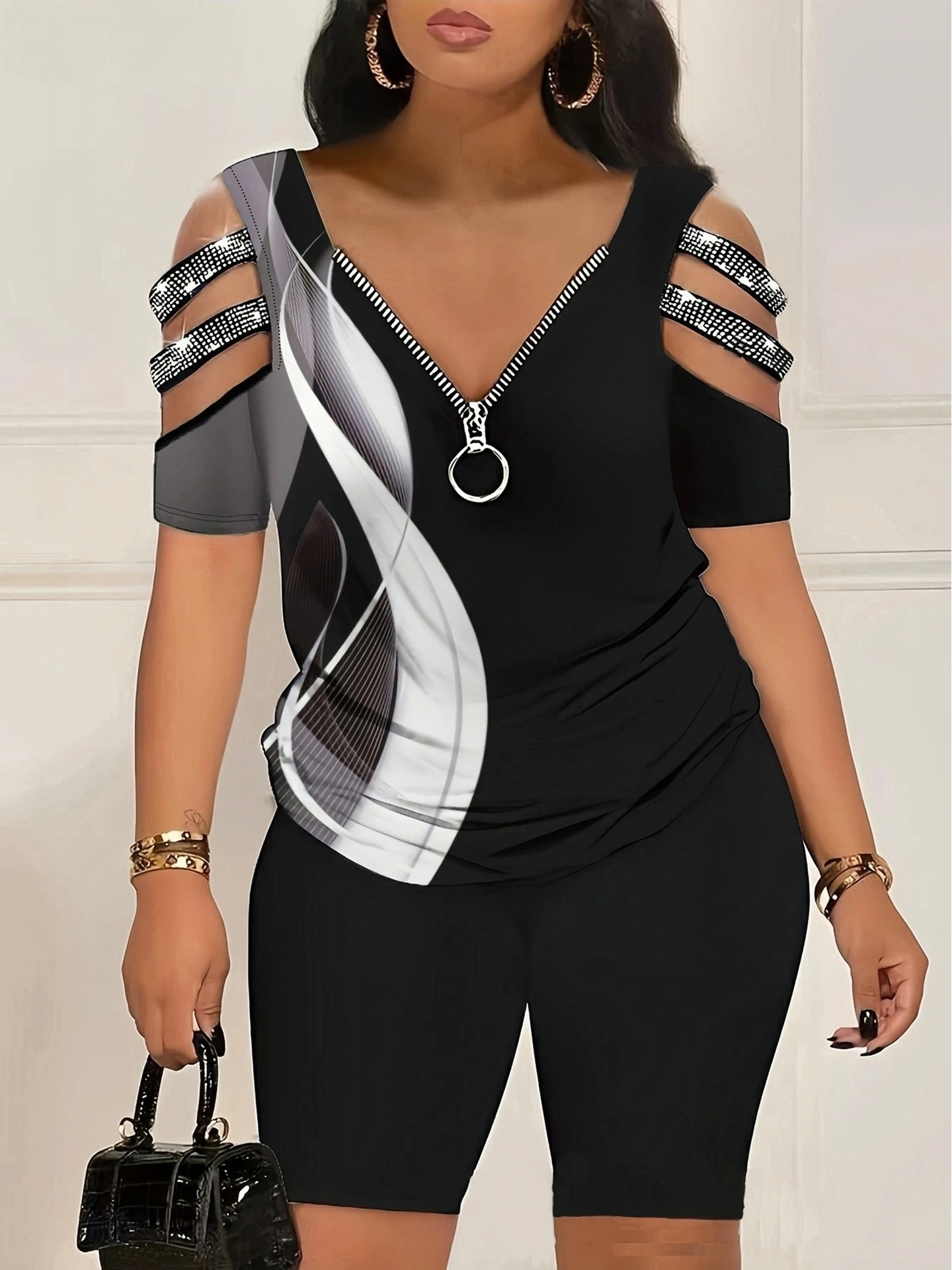 

Faionable V-Ne ort Sve Комплект брюк ort на молнии с капюшоном и высокой талией длиной пять четвертей, женский наряд из полиэстера с принтом