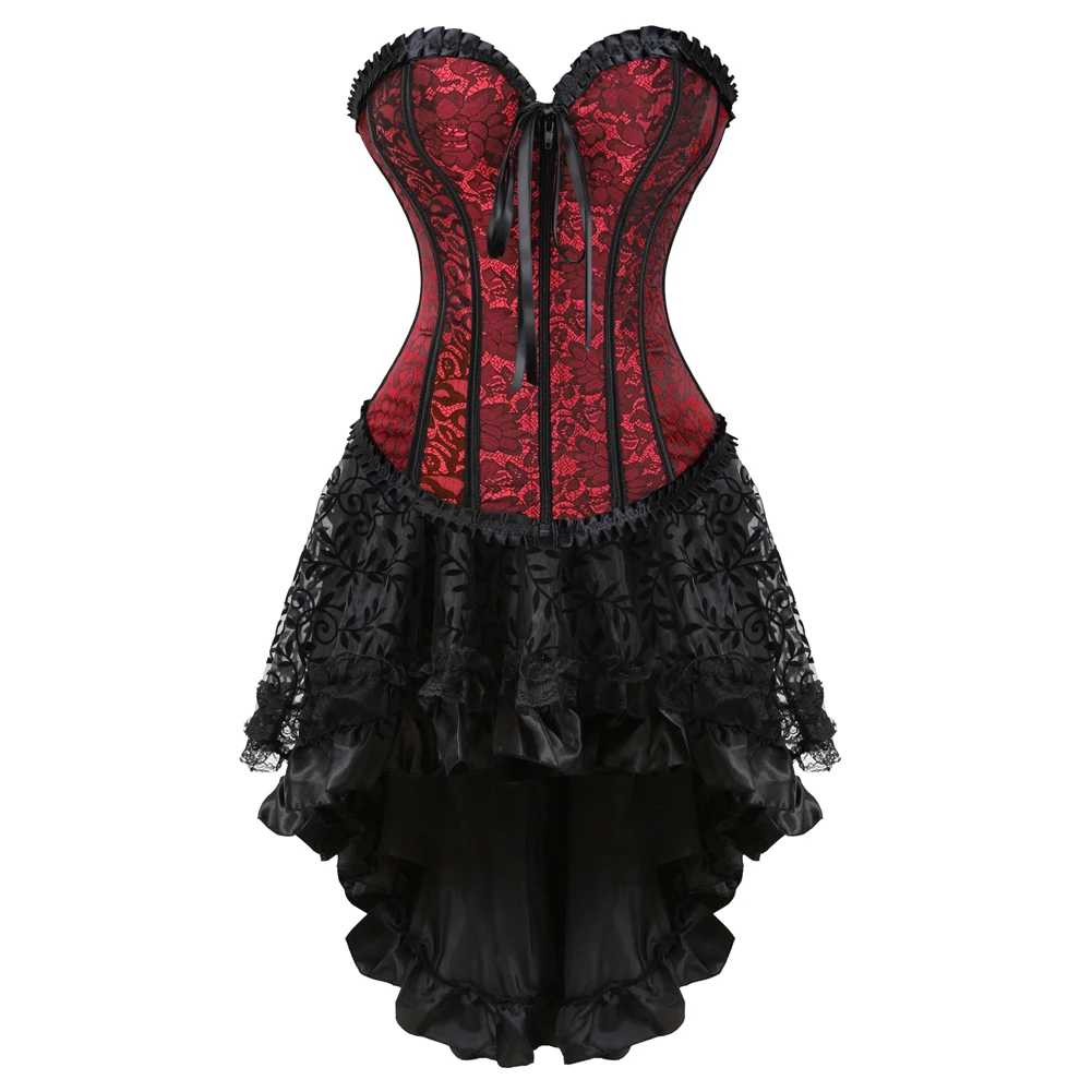 Victorian Lace Trim Corset Dress Sexy Satin Floral Overbust Corset Top Gothic Asymmetrical Skirt Plus Size Bustier Lingerie