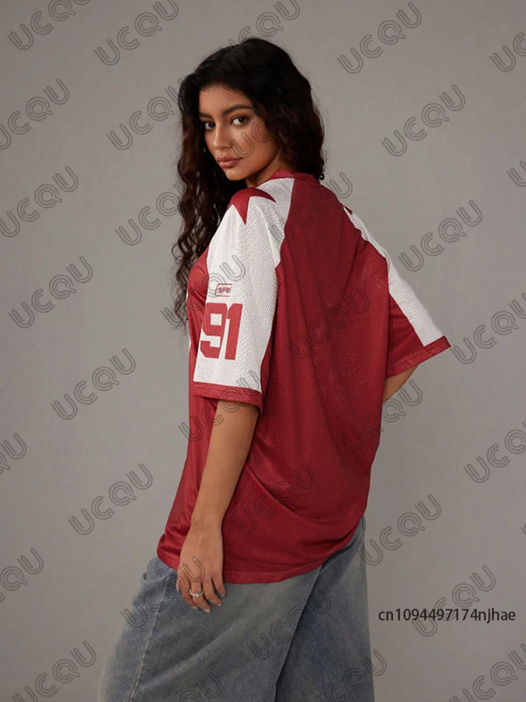 Oversized T-shirt For Women V-Neck Summer Short Sleeve Patchwork Red Speed 91 Print Sports Tees Football Jersey Y2k Casual Tops