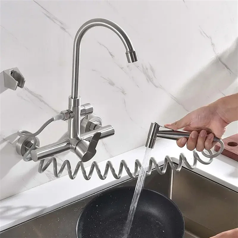 Kitchen Faucet with Spray Gun Wall Mounted Hot Cold Water Mixer Tap Rotatable Faucets Dual Water Mode No Dead Corner Cleaning