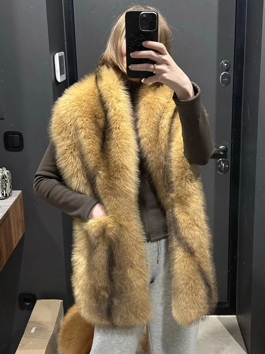 LIMO Thick Fluffy Faux Fox Fur Scarf Large Plush Fur Wrap Winter Warm Shawl with Pockets
