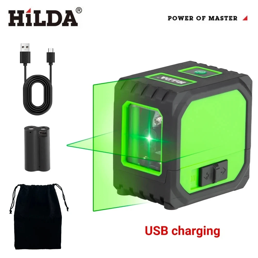 HILDA 2 Lines Laser Level USB Charging Mini Laser Level Self Levelling Green Beams Laser Horizontal & Vertical Cross-Line