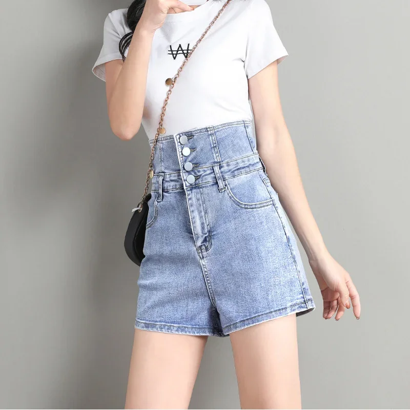 Summer Women Sexy Back Lace Up Design High Waist Hot Shorts Multi-button Black Denim Shorts New White A-Line Loose Straight Jean