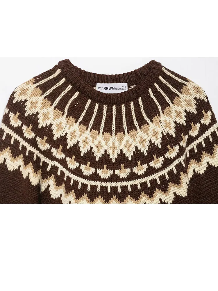 HH Woman Fashion Winter Round Neck Jacquard Short Sleeves Knitted Sweater Female Casual Slim Fit Street Style Sweater Pullover