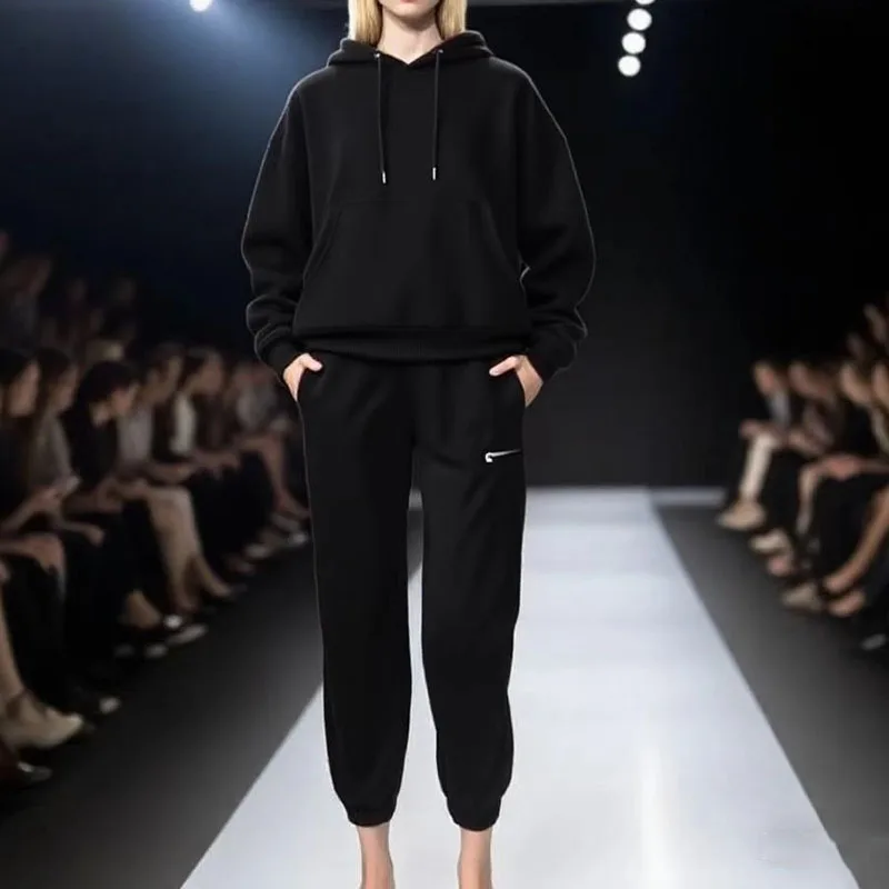 Autumn Solid Fleece Sweatshirt Outfit Women Casual Drawstring Hooded Top Pullover & Long Pant Suit Winter Long Sleeve Simple Set