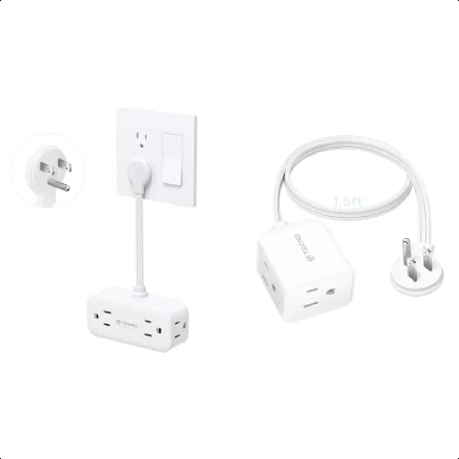 

Short Flat Extension Cord 1.5ft Right Angled Flat Plug Power Strip + Outlet Extender with 6 Inch Cord Flat Plug Adapter with 4