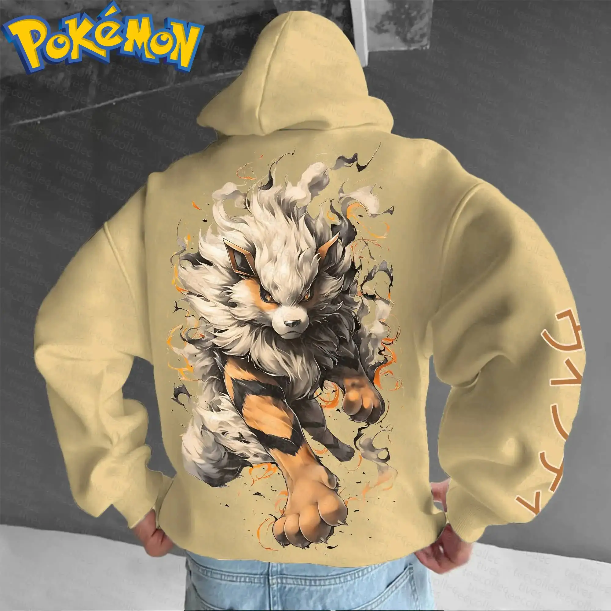 Pokemon Anime Flareon sweat à capuche en coton Harajuku pantalon ensemble Beige caractère imprimé avec motif de fourrure de flamme Orange tenue deux pièces