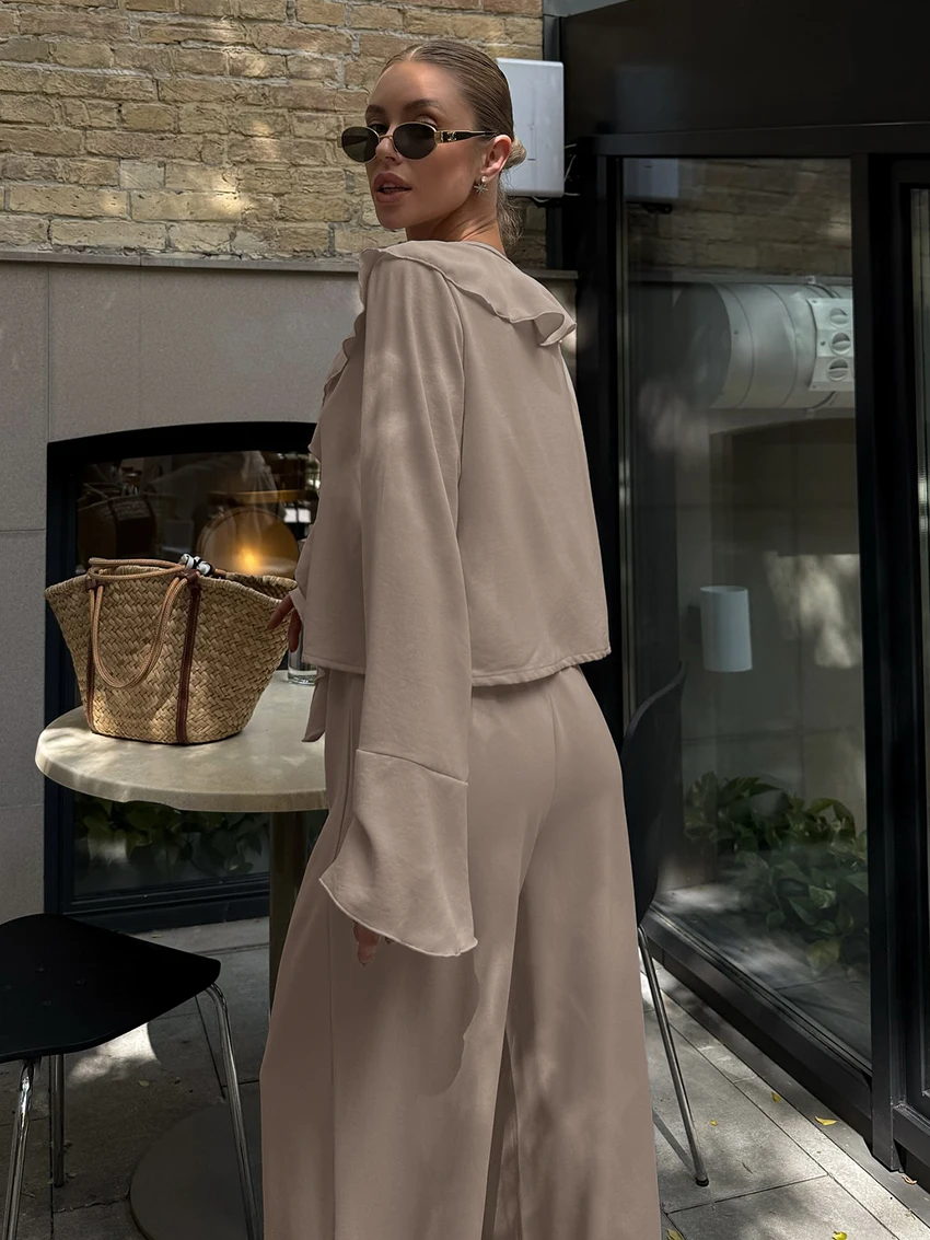 Marthaqiqi Casual Female Nightgown Suit Lace Up Pajama Long Sleeve Nightwear Sexy V-Neck Sleepwear Pants Loose Women Nightie Set