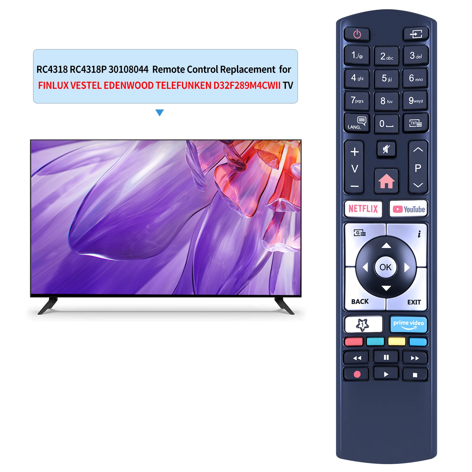 New RC4318 RC4318P Remote Control For Vestel Finlux Telefunken Edenwood 4K Smart TV C40U446 C40U446A D40U297M4CW D40F289R4CW