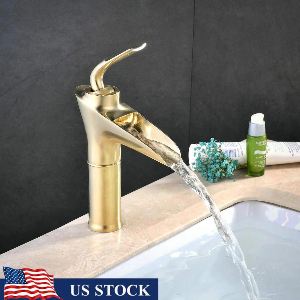 Gold Brass Waterfall Bathroom Sink Faucet Single Handle Lavatory Vanity Bath Rust & Corrosion Resistant Ceramic Single Hole