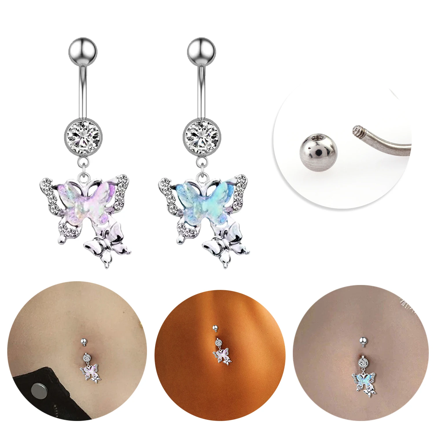 Butterfly Belly Button Rings Punk Stainless Steel Dangle Zircon Dangle For Women Belly Navel Rings Body Belly Piercing Jewelry