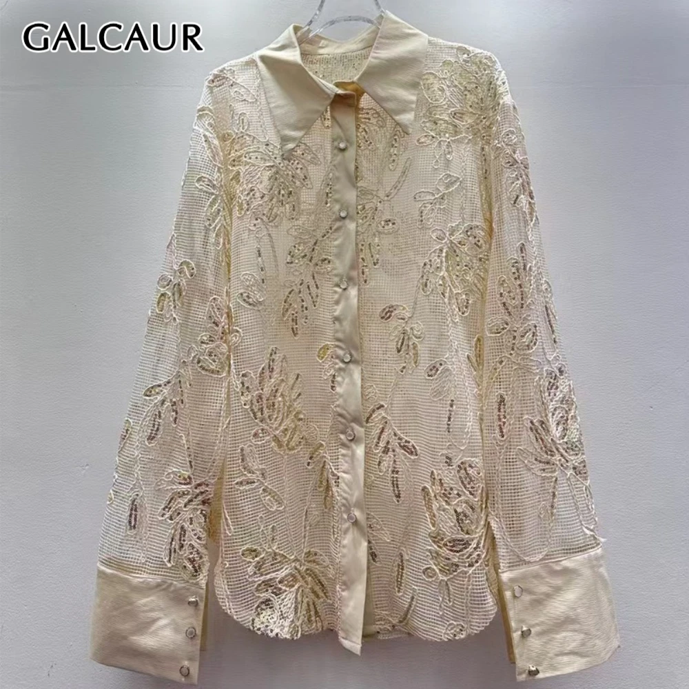 

GALCAUR Solid Spliced Hollow Out Elegant Shirt Female Lapel Long Sleeve Loose Light Luxury Women's Shirts Autumn Fashion Style