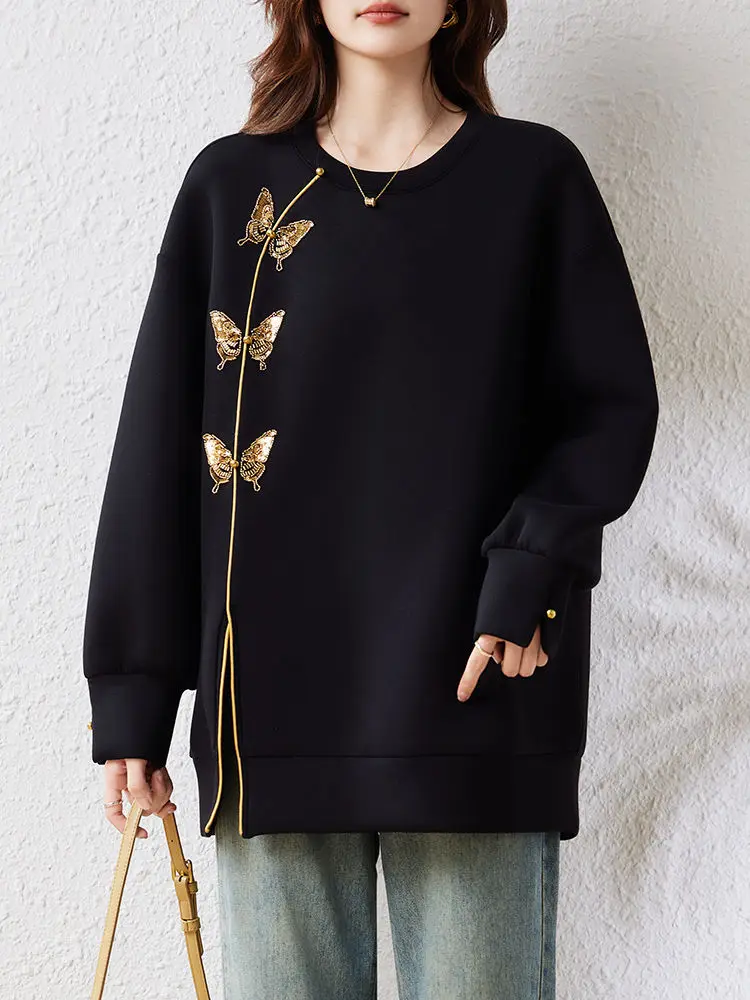 Chinese women's New Autumn And Winter Black Round Neck Butterfly Embroidery Sweat Shirt Versatile  Loose And Slimming Top