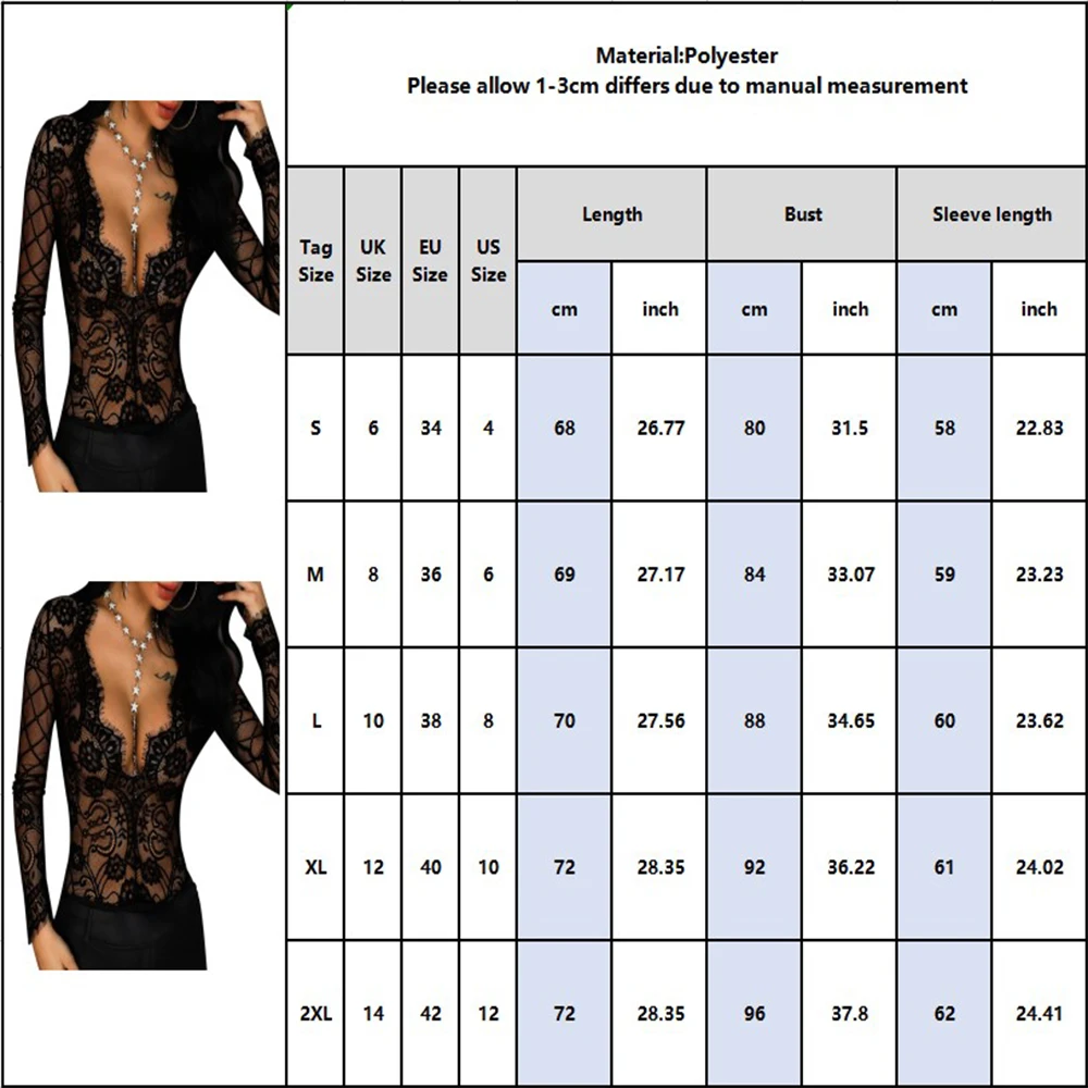 Sexy Skinny Lace Bodysuit Women Transparent Mesh Lingerie Deep V-Neck Erotic Black One Piece Long Sleeved Bodycon Underwear