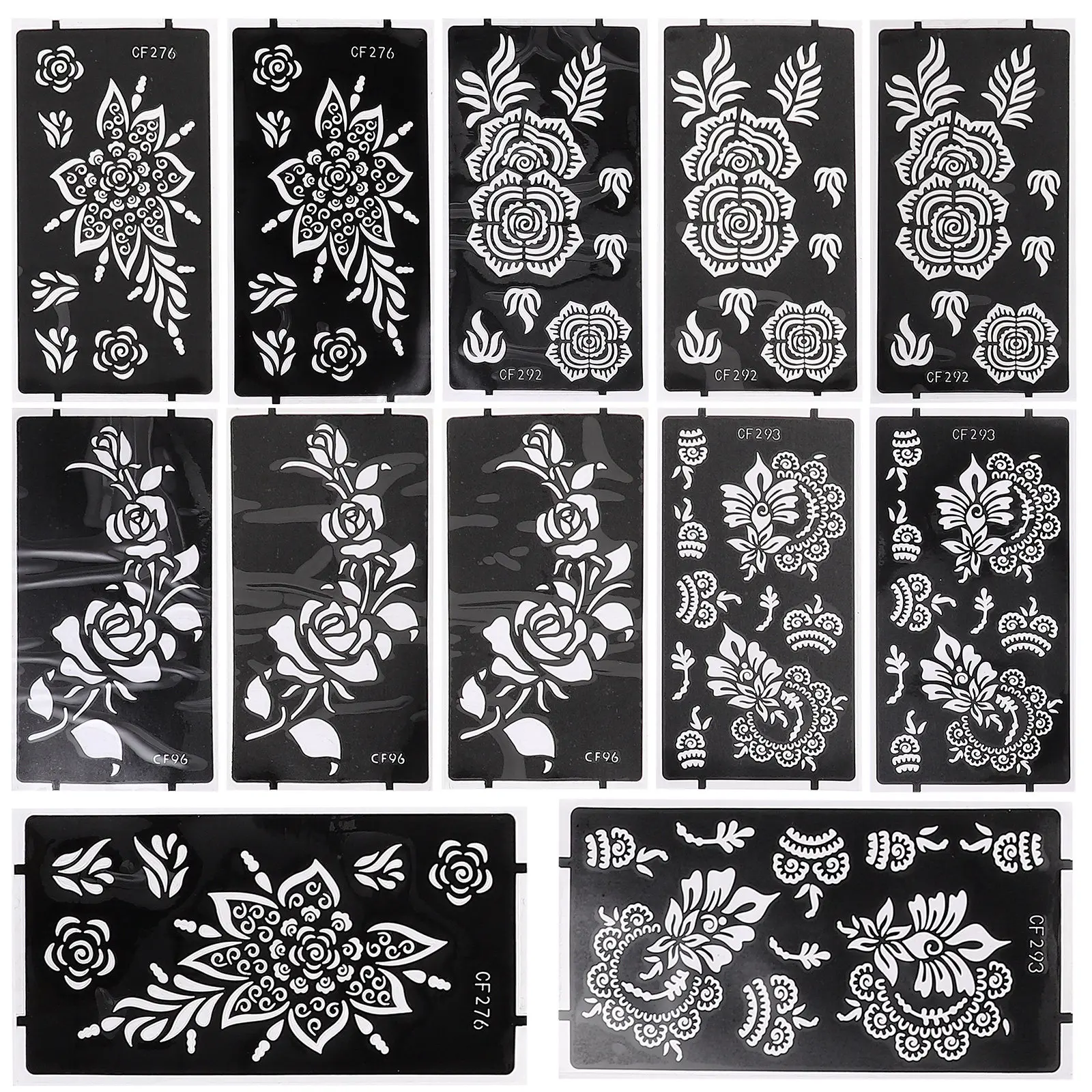 

12 шт. полых трафаретов для боди-арта, временные шаблоны с разными узорами для декоративных татуировок на коже, самоклеящиеся наклейки