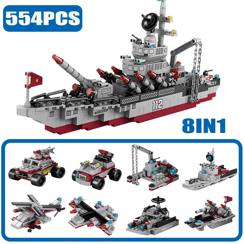 Building Block Military Ship 554pcs 8in1 Aircraft Cruiser Battleship Destroyer Army Warship Plane Truck Car Bricks Children Toys