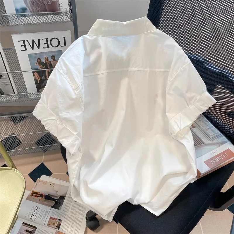 Blusas Mujer 2024 Oversize Shoulder Top Japanese Retro Heart Embroidered Short Sleeved Shirt White Men Women Summer Blouse