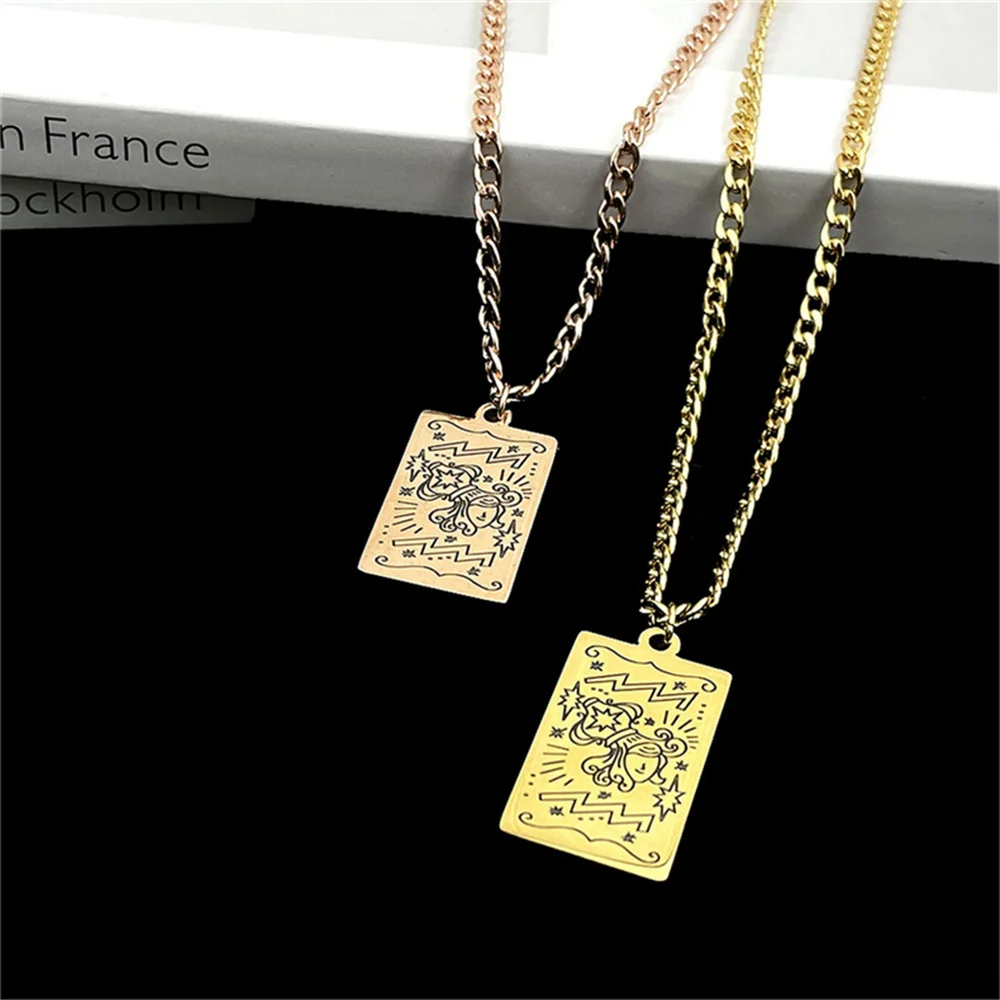 

Fashion 12 Constellations Tarot Cards Necklace for Men New Stainless Steel Cuban chain Square Pendant Necklace for Women Jewelry