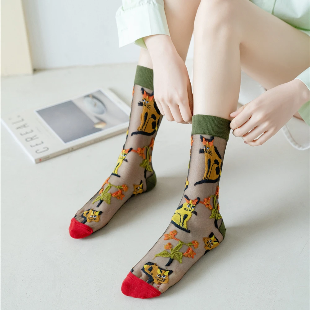 

New Grils' Crystal Silk Tide Novelty Harajuku Socks Funny Sunflowers Vines Flowers Peach Bird Cat Women Casual Sokken