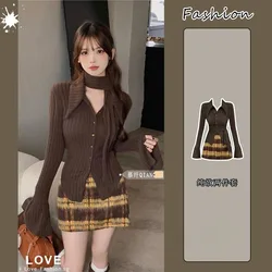 Spicy Girl Knit Sweater Cardigan Plaid Skirt Two-piece Set Women Fashion Academy Polo Neck Strap Korean Elastic Slim Winter Suit