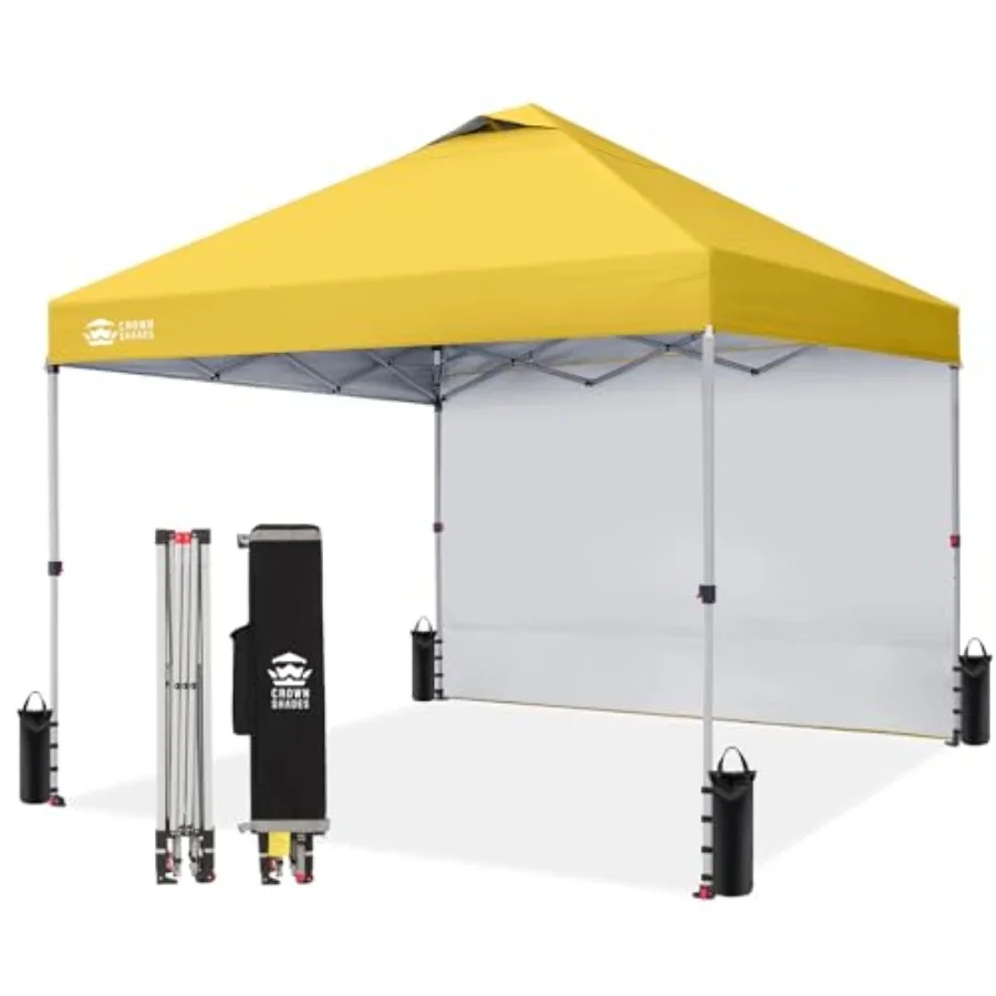 

Beach tent for outdoor events, parties, camping: 10x10 pop up canopy with 1 side wall, yellow polyester fabric, one-push setup,