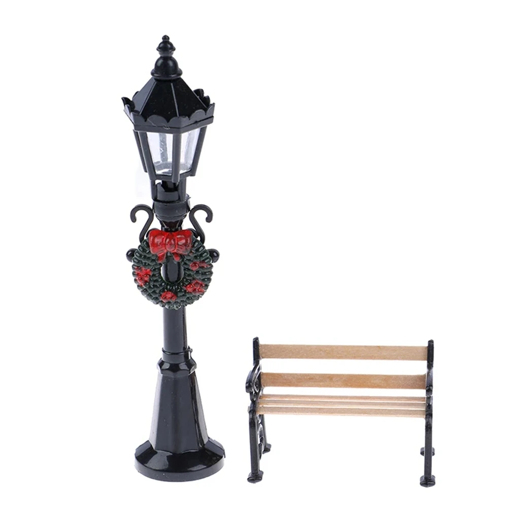 ABWE-2 pezzi 1/12 casa delle bambole in miniatura parco di Natale lampione e panca arredamento da giardino mobili da giardino arredamento in miniatura