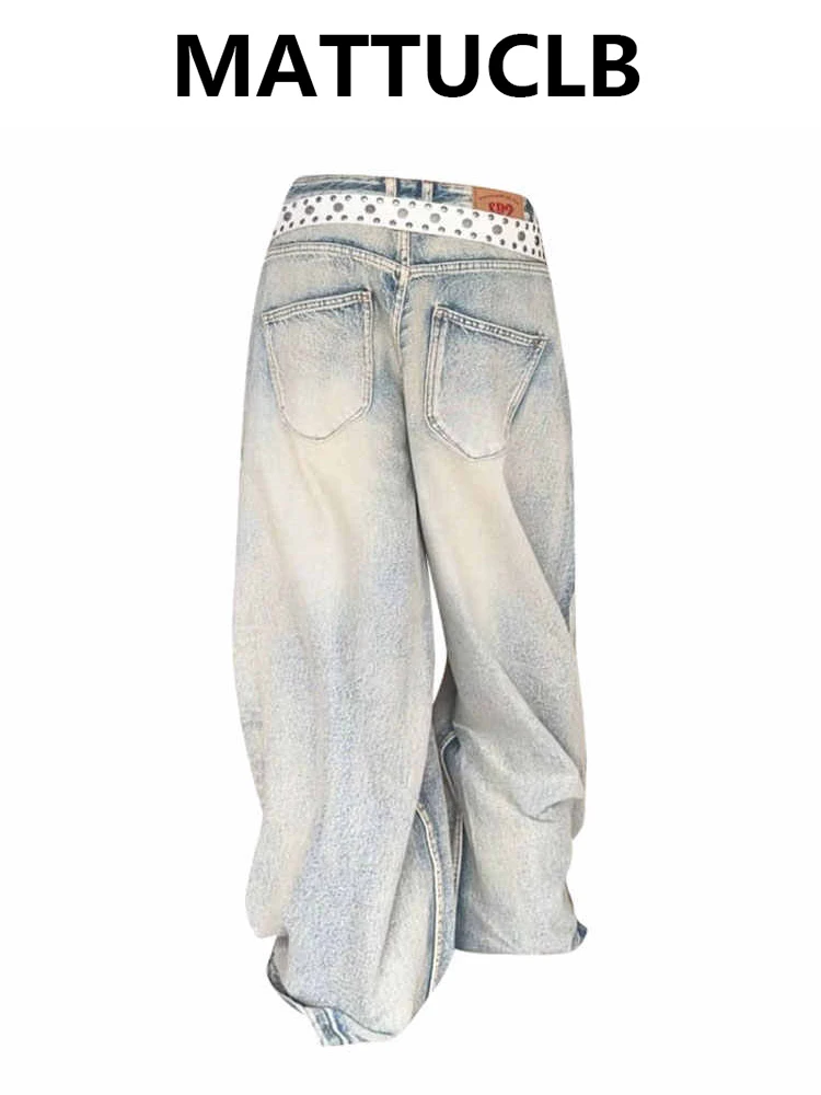 Women's American Retro Boyfriend Bleach Denim Pants Y2K Wide Fit Baggy Jeans Korean Cowboy American Retro High Street Harajuku