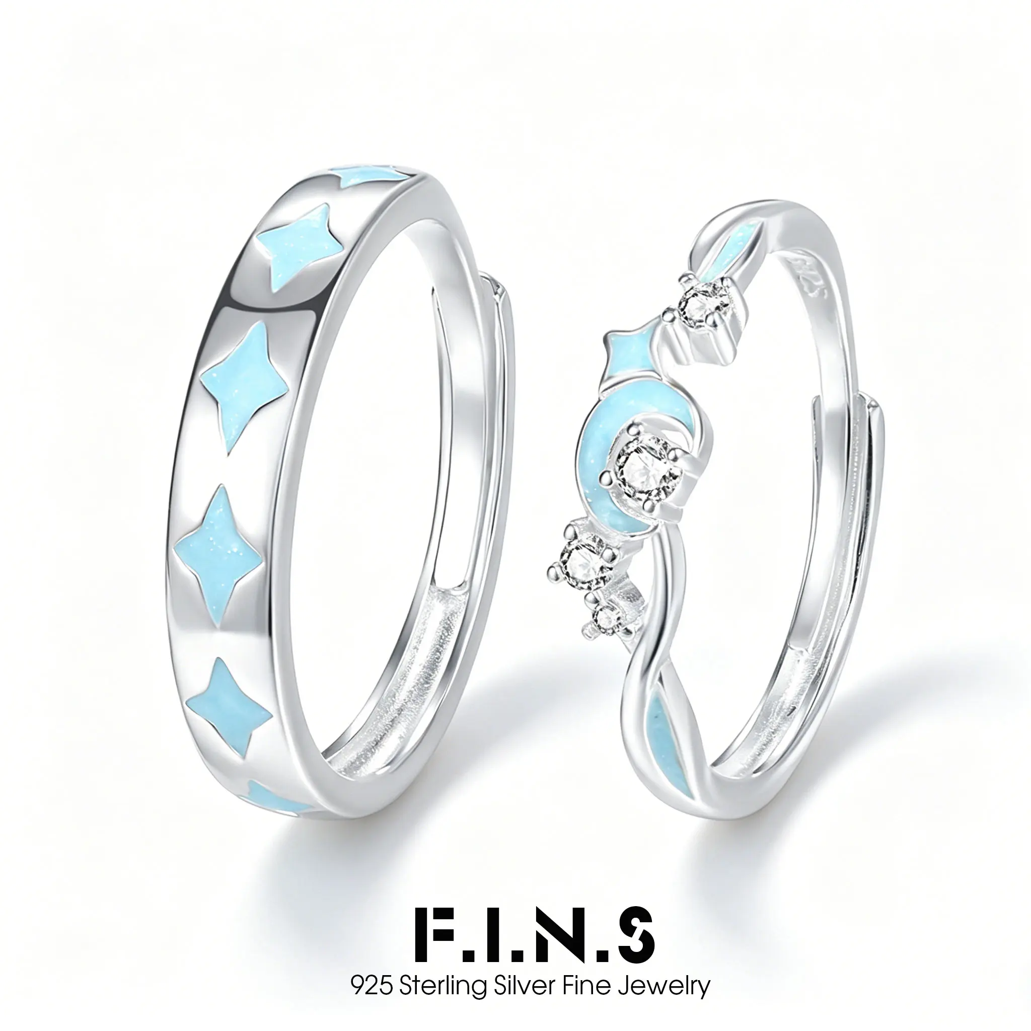 

F.I.N.S Original S925 Sterling Silver Adjustable Couple Ring Luminous Star and Moon Fashion Jewelry Gift Daily Fine Jewelry
