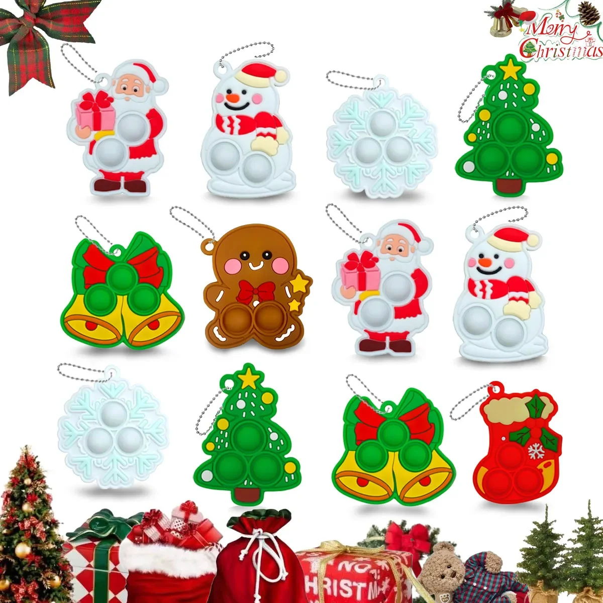 Christmas Push Bubble Keychain Fidget Toys Christmas Bell, Snowman, Santa Sensory Toys Fidget Keychain Christmas Gifts