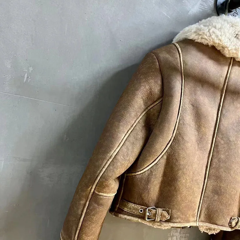 Women Coat Winter Short Length Turkey Sheepskin Jacket Aging Process Turn-Down Collar Clothes Full Pelt Brown Color