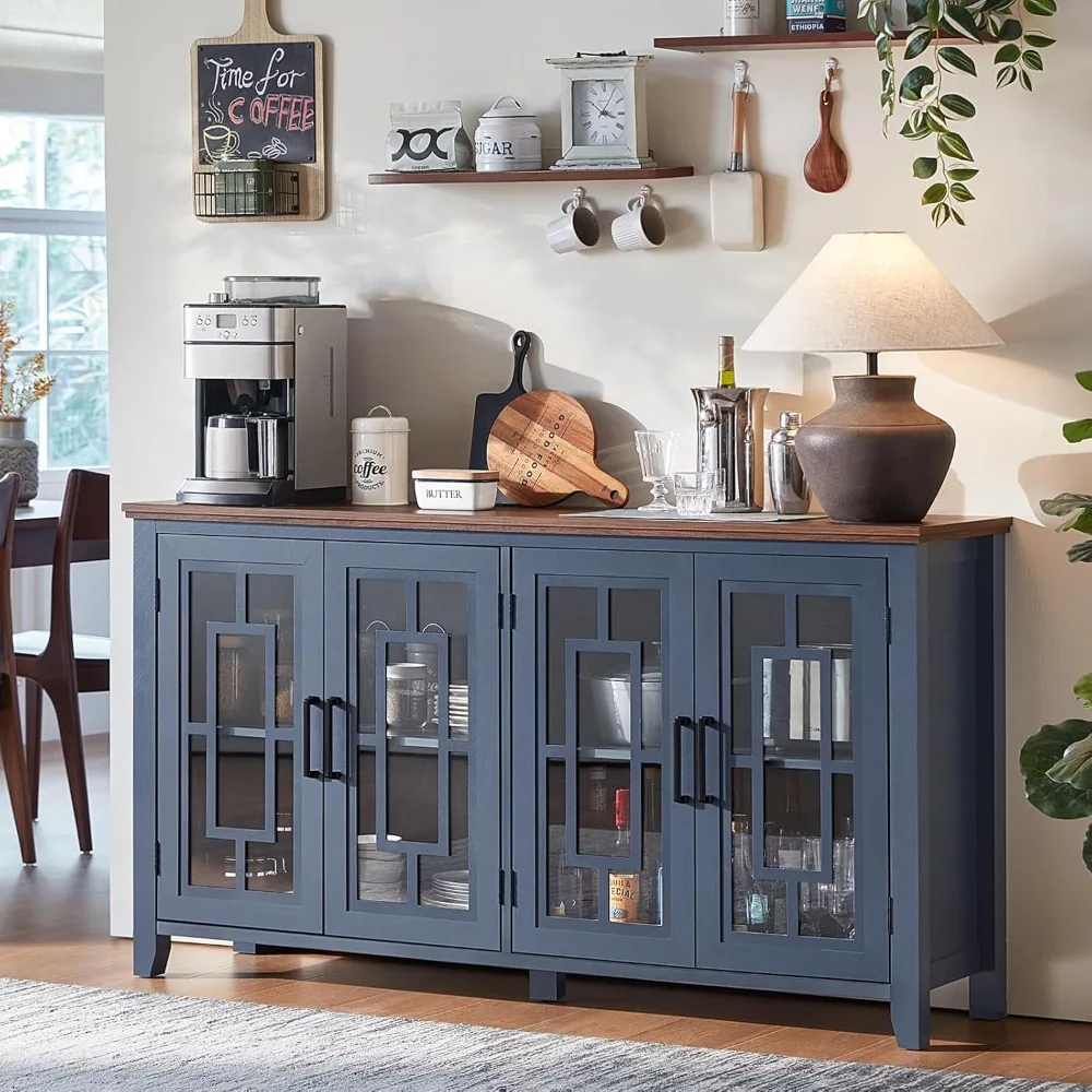 

Large Sideboard Buffet Cabinet with Storage, 63" Farmhouse Navy Blue Kitchen Coffee Wine Bar Cabinet with 4 Glass Doors