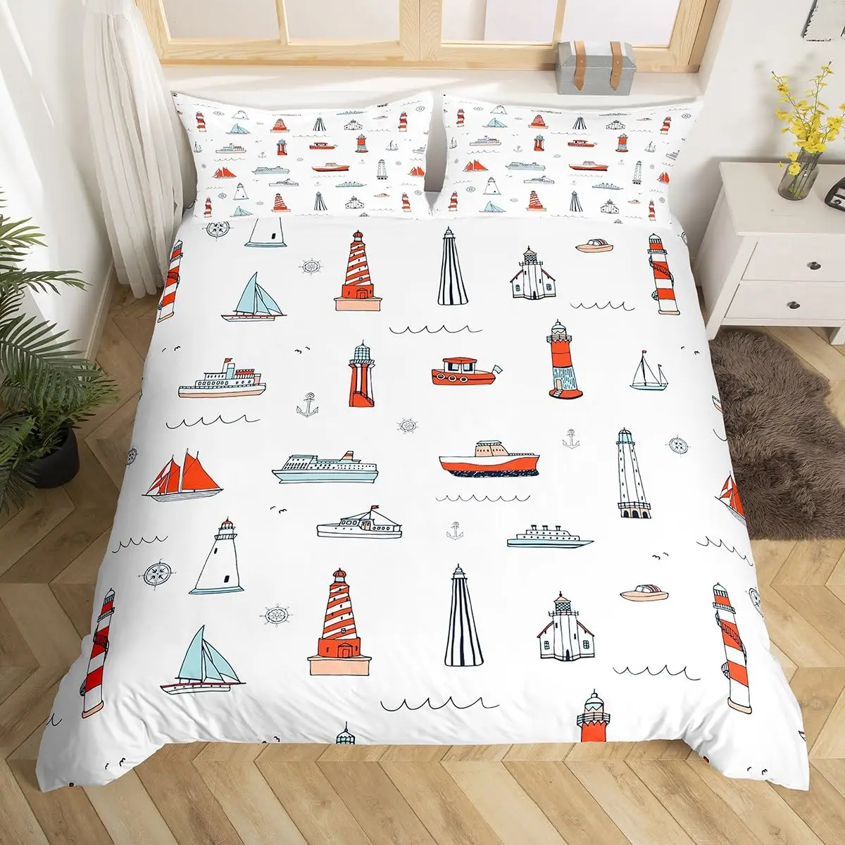 Watercolor Lighthouse Sailboat Duvet Cover Eiffel Tower Bedding Set Nautical Adventure Comforter Cover Polyester Quilt Cover