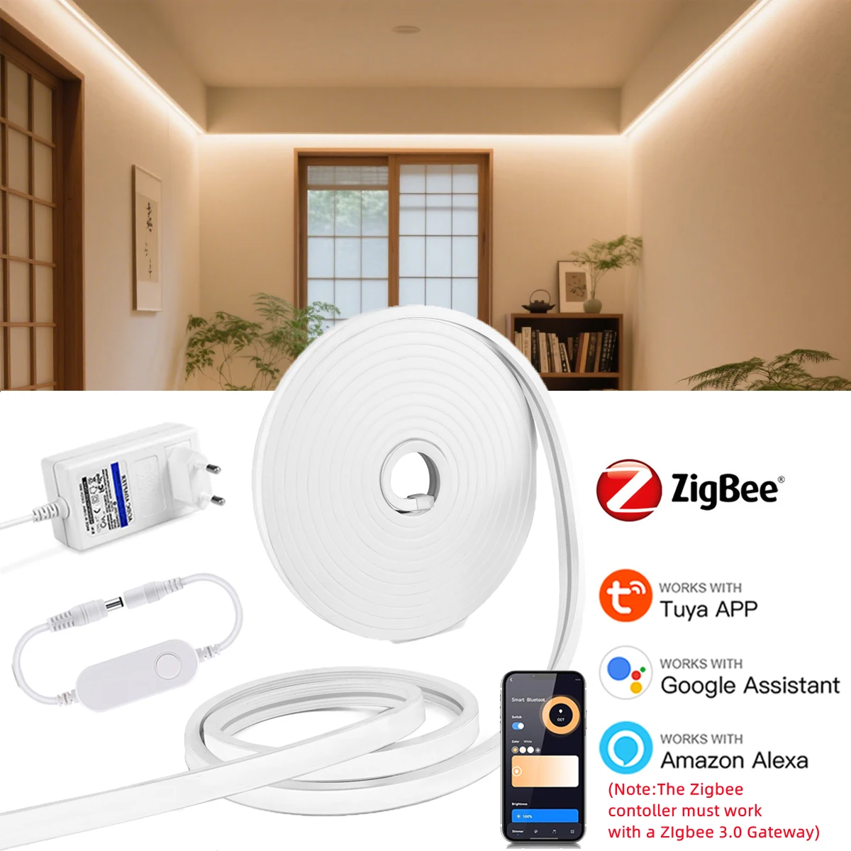 

1-5 м один рулон Zigbee 3,0 DC12V неоновая световая лента водонепроницаемая светодиодная лента с регулируемой яркостью и умным голосовым управлением для Tuya Smartthings Zigbee3.0