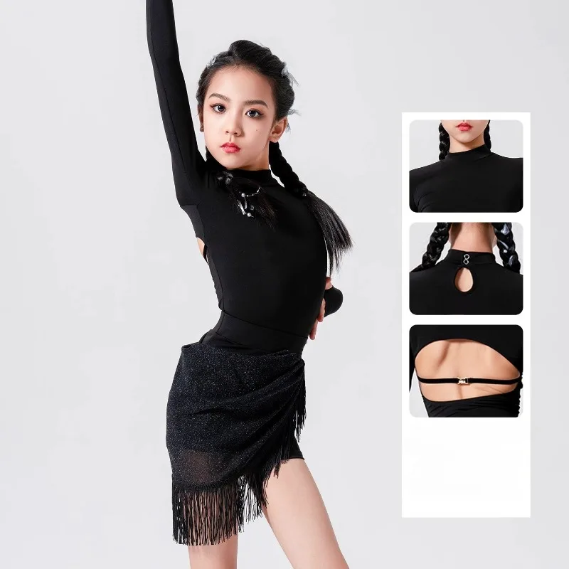 カスタマイズされたラテンダンススーツエレガントなハイネック背中の開いた長袖トップ不規則なタッセルスカート練習パフォーマンス衣装セット