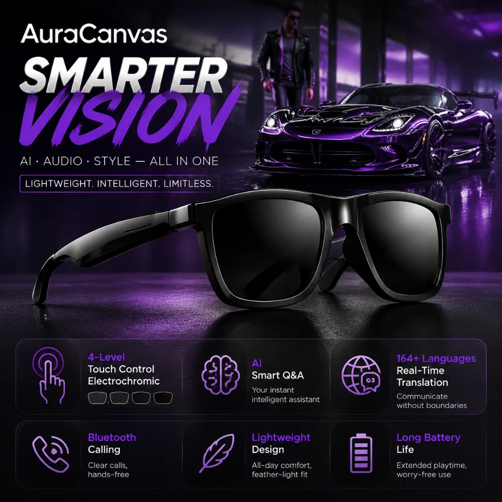 

New AI Translator Audio Glasses Bluetooth Sunglasses Touch Color Change Sliding Volume ENC Dual Mic Calls Music IP65 Lightweight