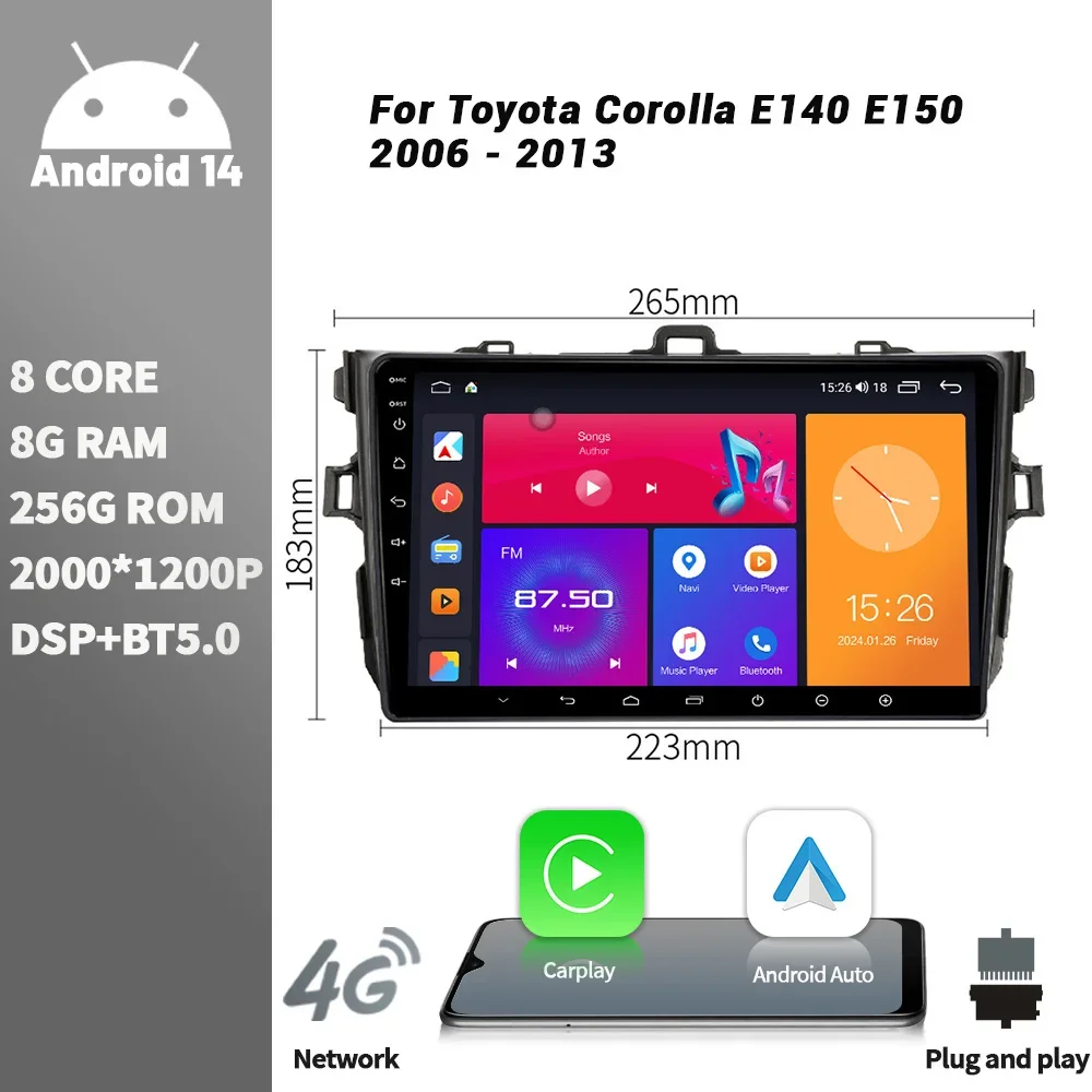 Android Bluetooth bezprzewodowy ekran dotykowy CarPlay Stereo Radio samochodowe odtwarzacz multimedialny nawigacja dla Toyota Corolla E140 E150 2006